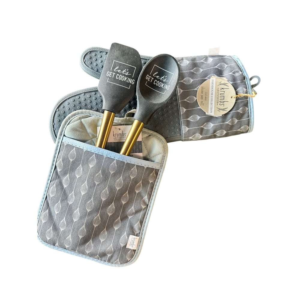 Krumbs Kitchen 4pc Set OS Grey Gold Farmhouse Silicone Oven Mitt Pot Holder